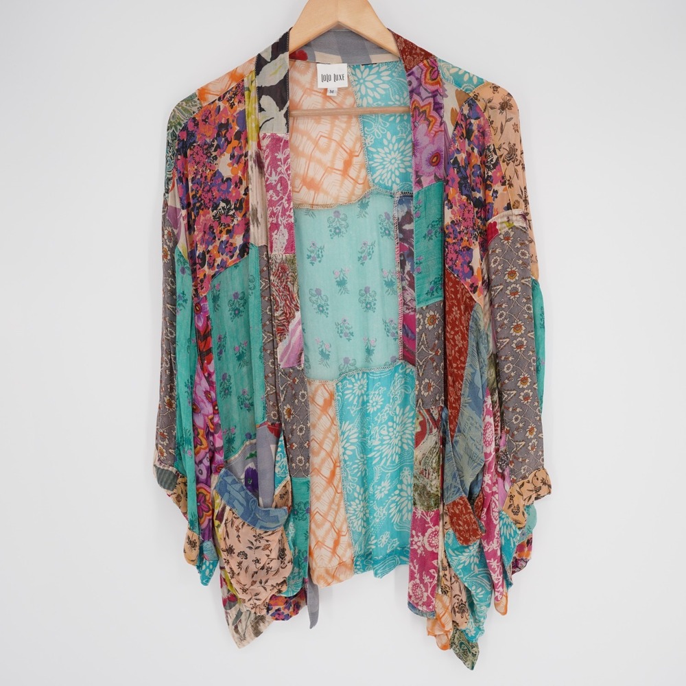 Lolo Luxe Boho Patchwork Open Cardigan Womens M Colorful Festival Hippie Pockets